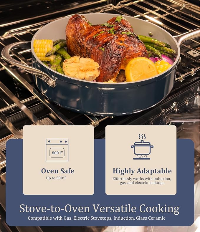 Ceramic Cookware Set Nonstick Pots and Pans Set with Lid PFAS-Free Non Toxic Cookware Set with Advanced G7 Ceramic Coating, Oven Safe Up To 500°F, Quick & Even Heat Distribution, Navy Blue
