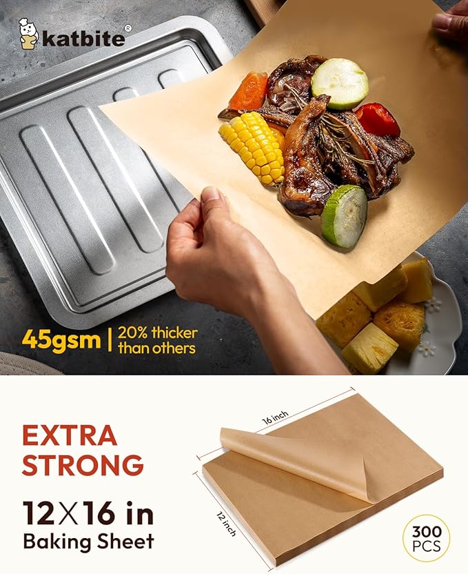 Katbite 300Pcs 12x16 In Parchment Paper Sheets, Heavy Duty Baking Paper, Unbleached Non-stick Sheets for Air Fryer, Grilling, Steaming Cooking Bread Cake and Wrapping Foods[Advanced Series]