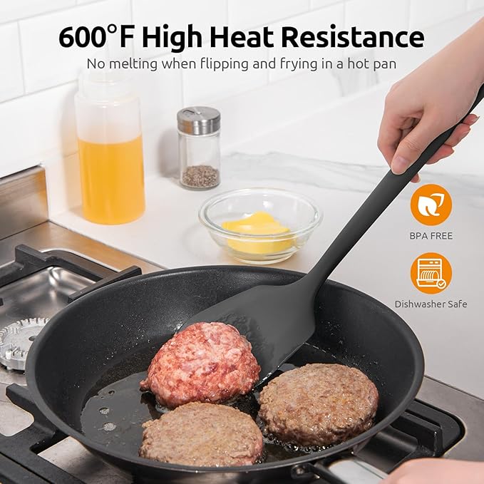 600ºF Heat Resistant Silicone Turner: U-Taste 13.6in Long Solid & Slotted Thick Kitchen Spatula Flipper, Large Flexible Cooking Utensil for Flipping Egg in Nonstick Cookware (Classic Black, 2PCS)
