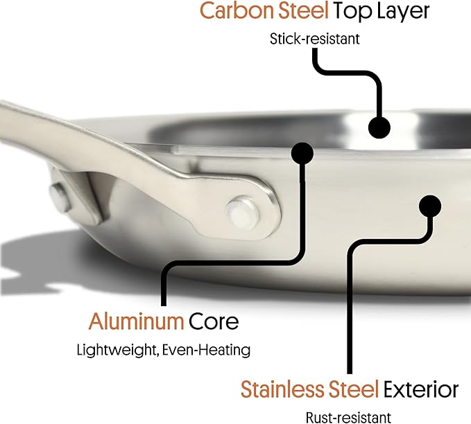 STRATA Carbon Steel Clad 10.5" Frying Pan Skillet, 3-Ply Carbon Steel Cookware with Aluminum Core, Lightweight (2.4 lbs), Even Heating, Stick-Resistant When Seasoned, Versatile & Fast-Heating
