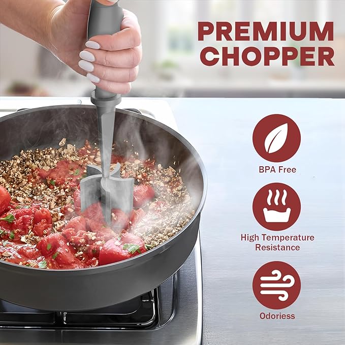 Meat Chopper, Hamburger Grinder, Premium Heat Resistant Smasher for Ground Beef, Burger Grinder Nylon Potato Mix Tool-Grey