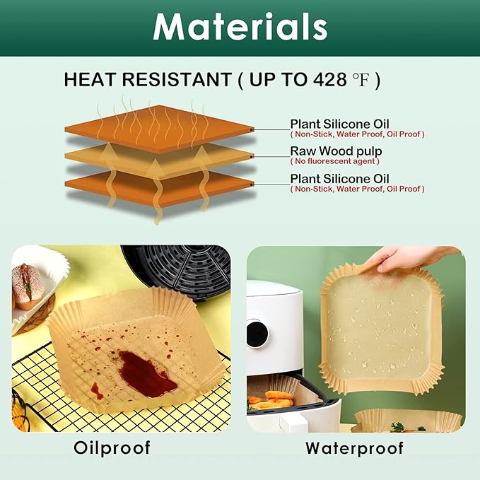 Air Fryer Paper Liners: 125Pcs Parchment Paper, Air Fryer Liner Disposable, Oilproof Waterproof Airfryer Basket Liner Square (6.5inch)