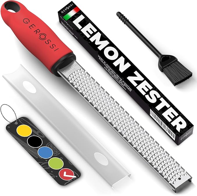 Stainless Steel Cheese Grater & Lemon Zester w/Extra Sharp Blade - Perfect for Lemon, Parmesan, Garlic, Chocolate - Spice Up any Dish in Seconds w/Your Premium Citrus Hand Grater with Handle - Red