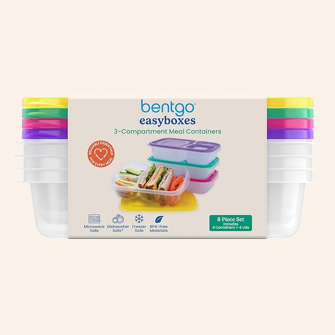 Bentgo Easyboxes - Original Stackable Lunch Boxes - Reusable 3-Compartment Food Containers for Kids and Adults - Bento Lunch Box for Meal Prep, School, & Work - BPA Free, Set of 4 (Brights)