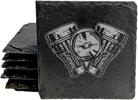 Power & Protection: V-Twin Engine Coasters for Your Ride - Square Slate - Set of 8