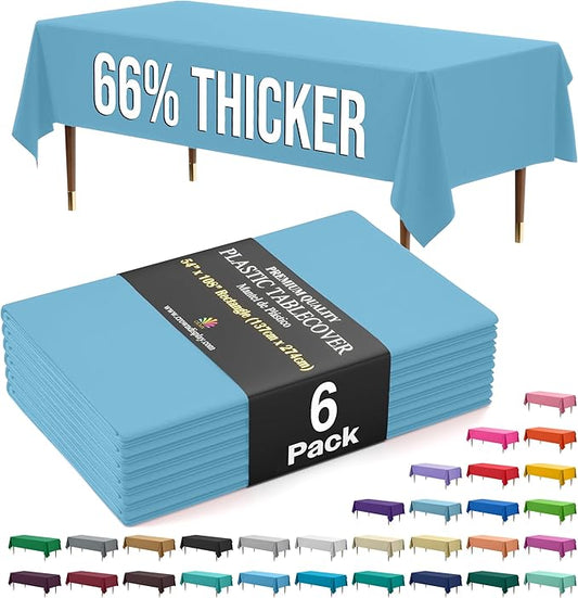Exquisite 66% Thicker Premium Plastic Table Cloth Rectangle Table Cover 0.5 Mil 6 Pack Sky Blue Table Cloth 54 Inch x 108 Inch Disposable Tablecloth Won't Tear Easily Like Cheap Thin Brands