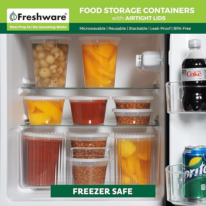 Freshware [12 Pack, 64 oz] 1/2 Gallon Plastic Deli Food Storage Soup Containers With Airtight Lids, Slime Containers, Freezer Safe | Meal Prep | Stackable | Leakproof | BPA Free, Clear