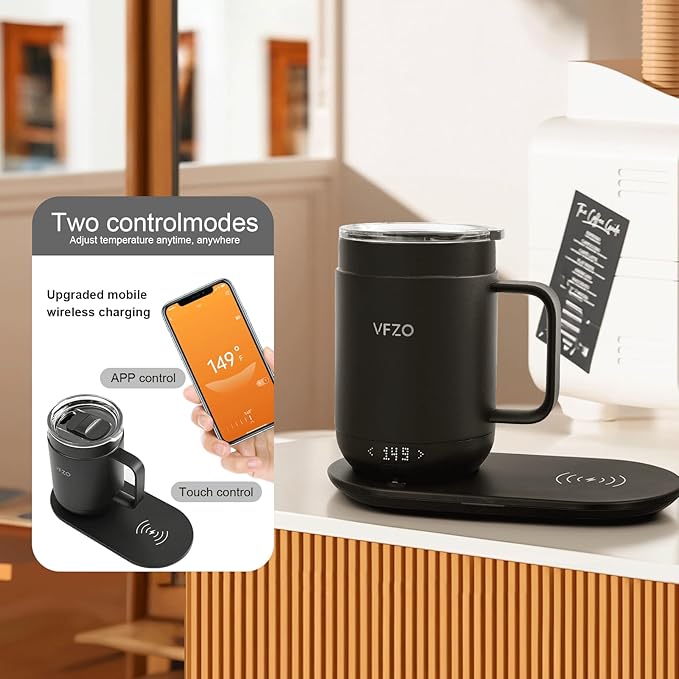 16Oz Temperature Control Smart Mug, Self Heating Coffee Mug LED Display, 180 Min Battery Life - Hot up to 149℉ Fast Wireless Charger Base Improved Design coffee serving sets mug(16oz, Coffee)