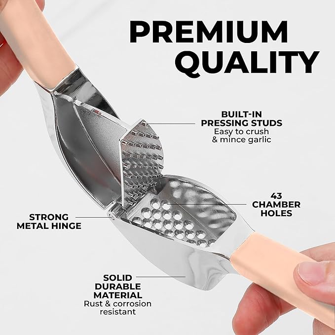 Zulay Kitchen Comfort Grip Garlic Press - Garlic Mincer Tool - Garlic Crusher - Garlic Press Mincer Rust Proof, with Soft Ergonomic Handle, Easy Clean Set with Peeler and Brush - Light Pink