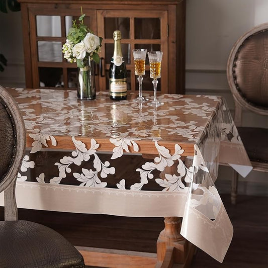 Vinyl Table Cloth Rectangle Clear Table Cover Protector with Block Printed Pattern Oil Spill Proof Farmhouse Rustic Plastic Table Covers for Dining Tables (Scroll Grass, 55 x 104 Inches)