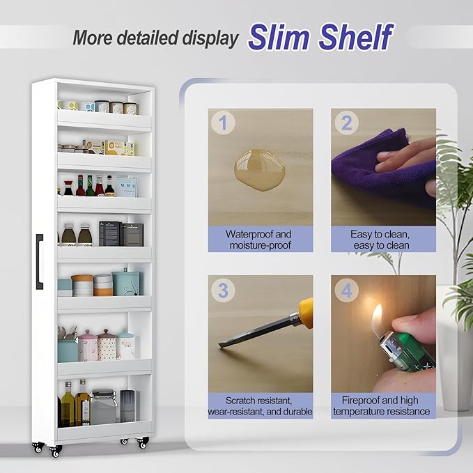 7-Tier Slim Storage Cart, Wooden Rolling Pantry Cabinet with Wheels, Narrow Shelf Organizer for Kitchen, Bakers Rack, Dining Room, Closet, Small Spaces Warm White 73.2‘’H*5.9''W*19.6''D