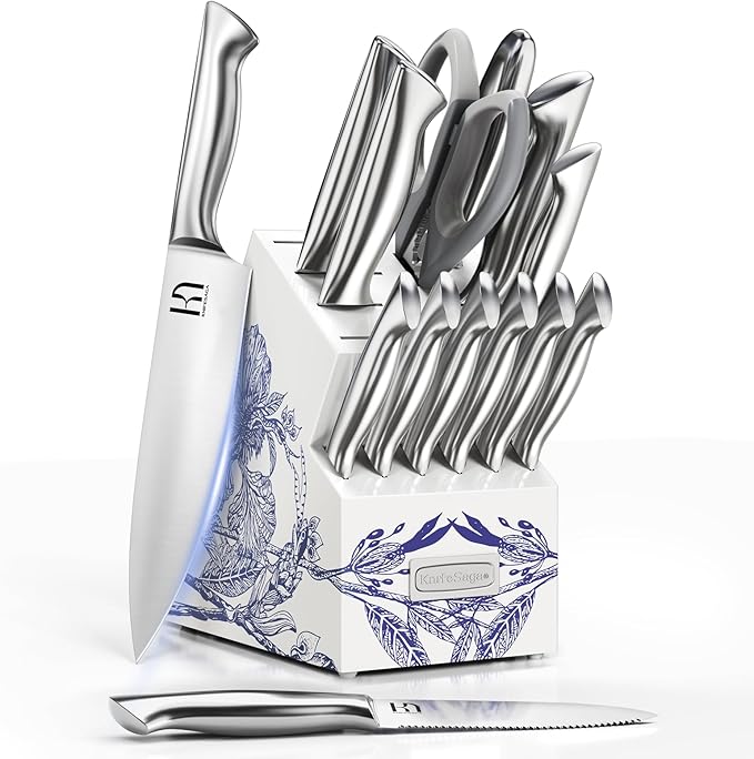 Kitchen Knife Set - Phantom Iris X5 Knife Block Set - Top-tier Performance, 15 Pcs Premium High Carbon Stainless Steel Knife Set with Block and Sharpener, Professional Chef Knives Set