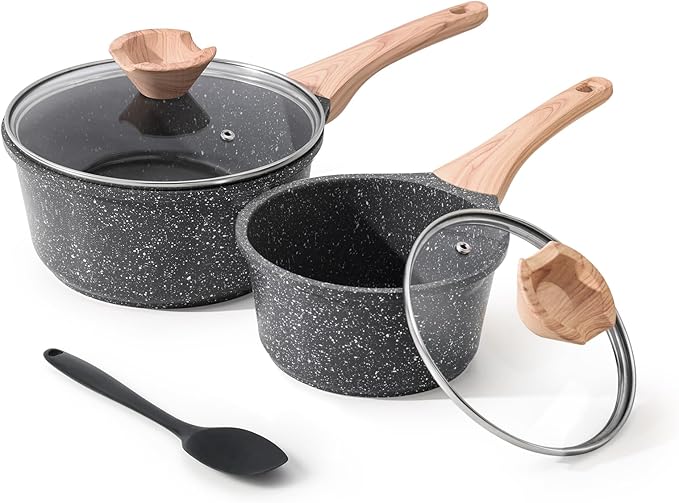 Kordisen Sauce Pan Set with Lid, 1.5QT & 2.5QT Non Stick Small Pots with Granite Coating, Saucepan with Pour Spout, Multipurpose Induction Cooking Pans, PFOA/PFOS Free