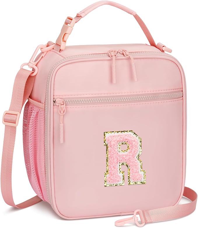 Initial Insulated Lunch Bag for Girls Kids, Back to School Gift, Reusable Leak-proof Lunch Box with Adjustable Strap for School Daycare Travel Picnic (Pink,R)
