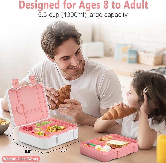 Chill Lunch Box Kids, Leak Proof Adult Bento Box with Ice Pack, 6 Compartment Lunch Container with Utensils for Girl Boy Back to School, 5.5-Cup Capacity, Dishwasher Safe, BPA Free