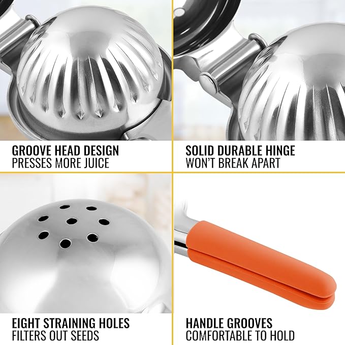 Zulay Kitchen Lemon Squeezer Stainless Steel with Premium Heavy Duty Solid Metal Squeezer Bowl and Food Grade Silicone Handles - Large Manual Citrus Press Juicer and SS Lime Squeezer (Orange)