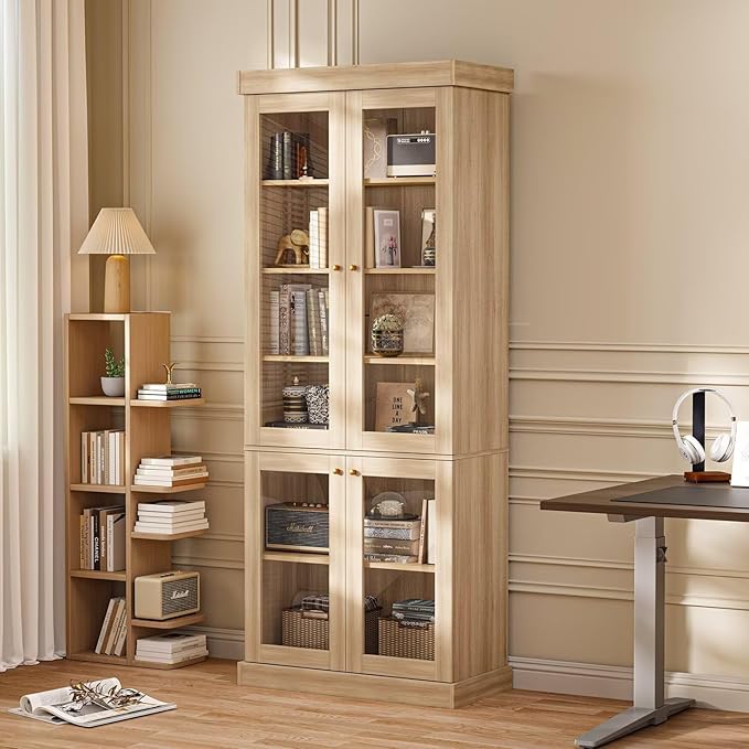 70.8" Tall Farmhouse Bookshelf, Modular Bookcase with Glass Doors, 6-Tier Adjustable Shelves, Large Storage Cabinet for Kitchen, Living Room, Brown, Set of 3