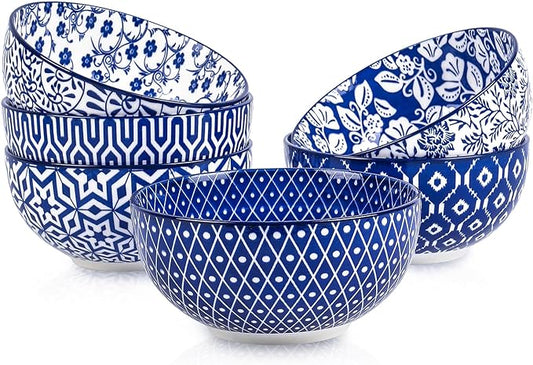 Selamica Ceramic Cereal Bowls Set of 6, 24 Oz Deep Soup Bowls for Kitchen, 5.9 Inch Porcelain Dessert Bowls for Salad, Pasta, Oatmeal, Ramen, Microwave Dishwasher Safe, Set of 6, Vintage Blue