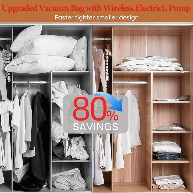 Travel Vacuum Bags with Rechargeable Cordless Air Pump, 12 Pack Vacuum Storage Seal Bags for Clothing(4 Large+4 Medium+4 Small), Compression Packing for Clothes Suitcase Luggage