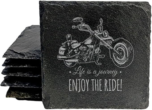 Coast in Style: Rustic Slate Coasters with Motorcycle Design - Square Slate - Set of 8