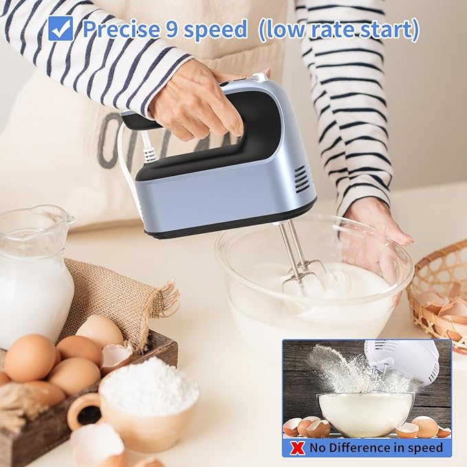 9-Speed Digital Hand Mixer Electric, 400W Powerful DC Motor, Baking Mixer Handheld with Snap-On Storage Case, 5 Stainless Steel Accessories, Flat Beaters, Dough Hooks, Whisk (Ocean Blue)