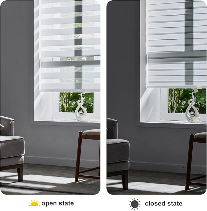 Persilux Cordless Zebra Blinds for Windows (47" W X 47" H, White) Free-Stop Roller Windows Shades Dual Layer Light Control for Day and Night, Light Filtering Sheer Shades for Home, Easy to Install