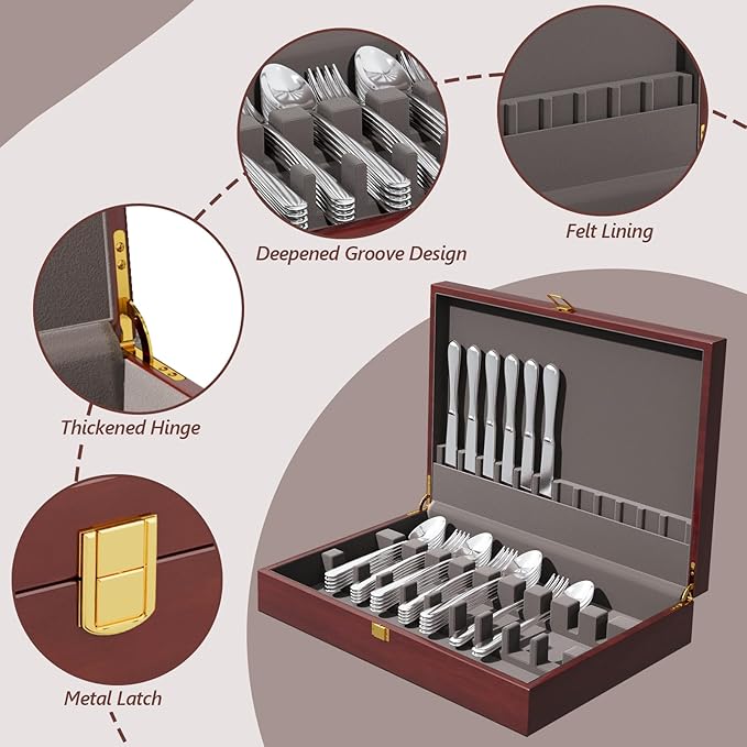 Mahogany Wood Silverware Storage Box,Silverware Case Flatware Chest with Felt Lined,Flatware Storage Box for 12 sets of Utensils,Silverware Chest without Silverware,Silverware Organizer with Lid