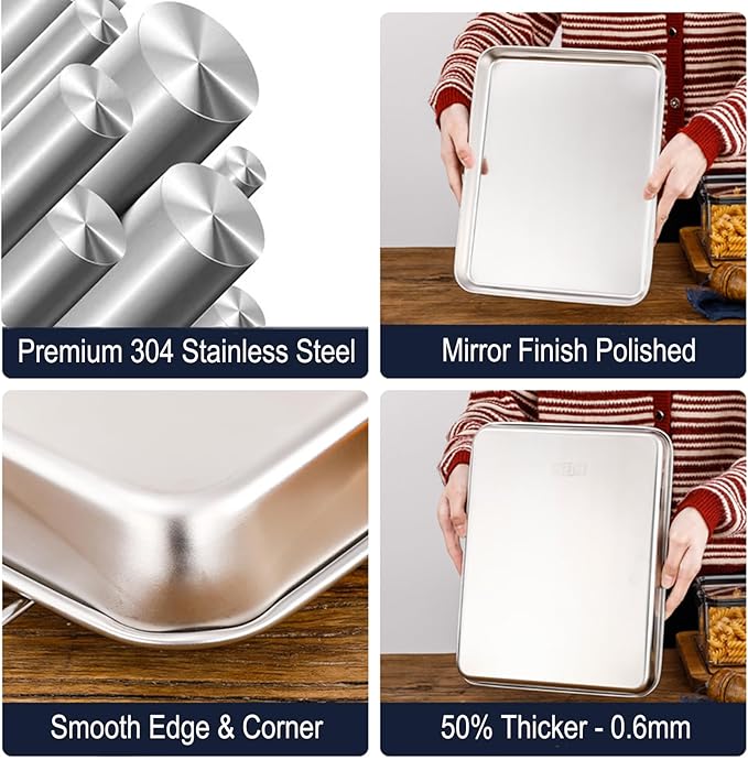 Small Cookie Baking Sheet Pans Stainless Steel 304 Little Serving Tray 10.4 x8.1 x1.1Inch (Diagonal 12.3) Reheat Food Small Items No Rust Dishwasher Safe for 2 Person 2 Pack