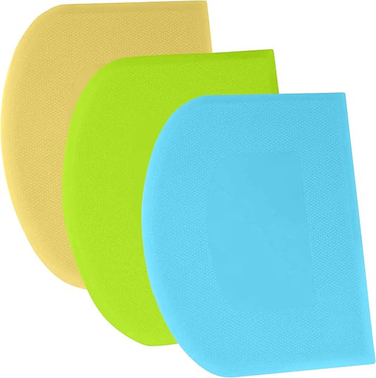 SURDOCA Dough Scraper Bench Scraper - 3P 8.3x5.5" Plastic Flexible Bowl Scraper, Sharp Edge & Angles Cake Scraper. Non-Slip Bakeware Decorating Tools Sculpting & Modeling Tools - Blue+Yellow+Green