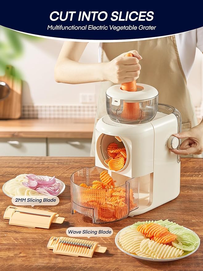 FOHERE Multifunctional Electric Cheese Grater, 6 Blades & 1.8L Container Nut Chopper, Vegetable Slicer, Food Slicer for Onion, Carrot, Cucumber (White)