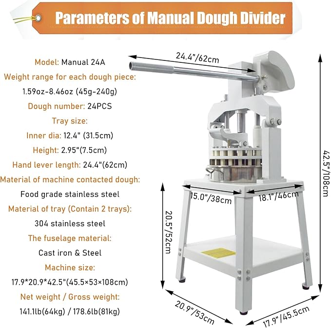 Commercial Dough Divider Manual 24PCS Dough Divider 1.59oz-8.46oz Heavy Duty Dough Cutter Machine with 45-240g Dough Weight Range for Baking, 24PCS