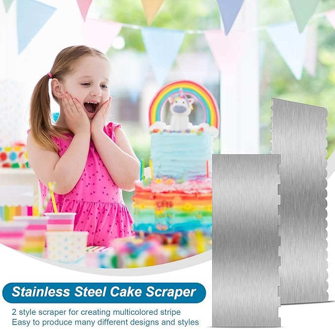 2 Pieces Stainless Steel Cake Scraper Large Double Sided Patterned Edge Stripe Edge Smoother Scraper Cake Decorating Comb Pastry Cutter for Mousse Butter Cream Decoration(9 x 3.4 Inches)