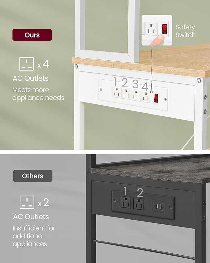 VASAGLE Bakers Rack with Power Outlet, 31.5 Inches Coffee Bar for Kitchen with Storage, 6-Tier Kitchen Shelves with 6 Hooks, Microwave Stand, Golden Oak and White UKKS119Y01