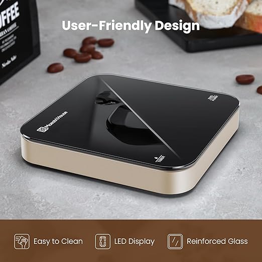 Rechargeable Mini Coffee Scale with Timer, Maestri House Espresso Scale, 2kg/0.1g Accurate Scale for Espresso and Pour-Over Coffee, Portable Digital Kitchen Scale with Automatic Timing(Black&Glod)