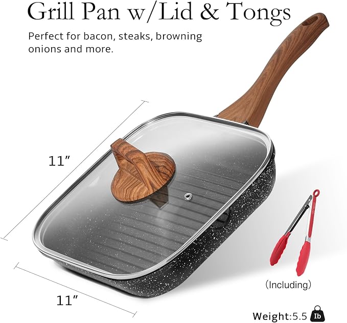 ESLITE LIFE 11 Inch Nonstick Grill Pan with Lid for Indoor Cooking, Versatile Induction Square Large Grilling Skillet Steak Pan for Stove Tops, PTFE & PFOA Free, Black