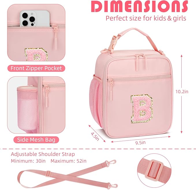 Initial Insulated Lunch Bag for Girls Kids, Back to School Gift, Reusable Leak-proof Lunch Box with Adjustable Strap for School Daycare Travel Picnic (Pink,B)