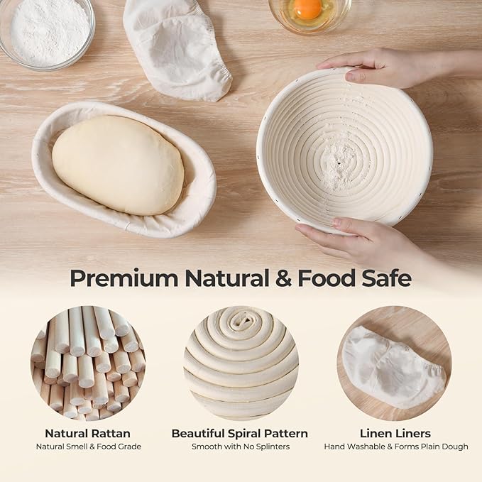 Banneton Bread Proofing Basket Set, 9" Round & 10" Oval Natural Rattan Sourdough Bowl with Linen Liner, Sourdough Starter Kit, Fermented Cloth, Silicone Bread Sling, Ideal for Homemade Bread