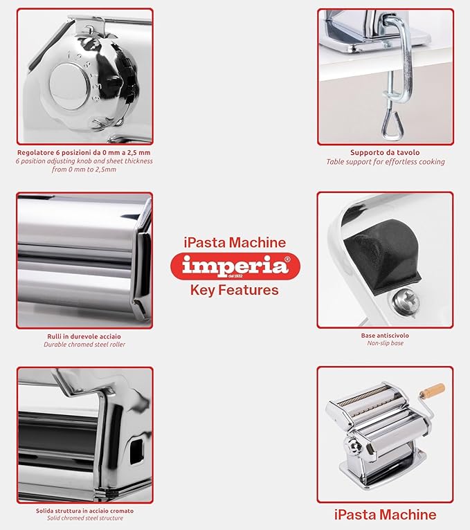 Imperia Pasta Maker Deluxe Gift Set w Accessories- Includes Pasta Machine, Ravioli Mold Press, Wooden Rolling Pin plus 2 Cutter Attachments for Adjustable Thicknesses- Made in Italy Steel Construction