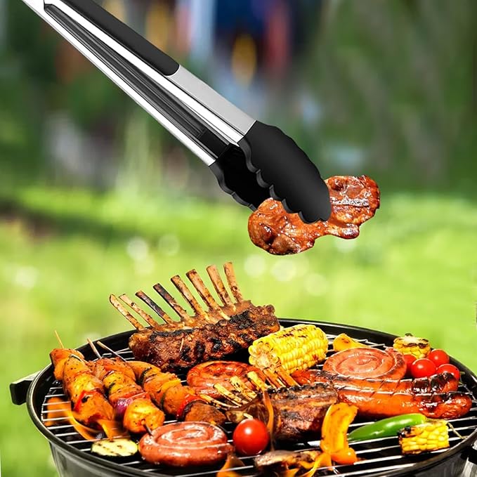 Red Stainless Steel Tongs Heat Resistant Kitchen Tongs Set - 9" & 12" Inch, BBQ Tongs with Silicone Tip, Strong Grip for Cooking, Salad Tossing, Air Fryer, & Grill Tongs- Pull Lock, Red - Set of 2