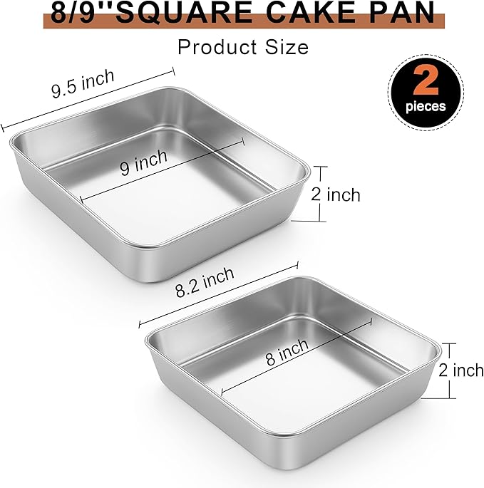 LIANYU 4 Pack 8/9 Inch Square Baking Cake Pan, Stainless Steel Brownie Bread Cake Molds, Square Bakeware for Lasagna Pie, Oven & Dishwasher Safe, 2 PCS 8-Inches + 2 PCS 9- Inches