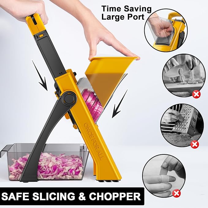 Safe Mandoline Food Slicer for Kitchen, Multifunctional Vegetable Chopper, Mandoline Potato Slicer with 35+ Presets & Thickness Adjuster, French Fry Cutter, Veggie Dicer for Meal Prep (Yellow)