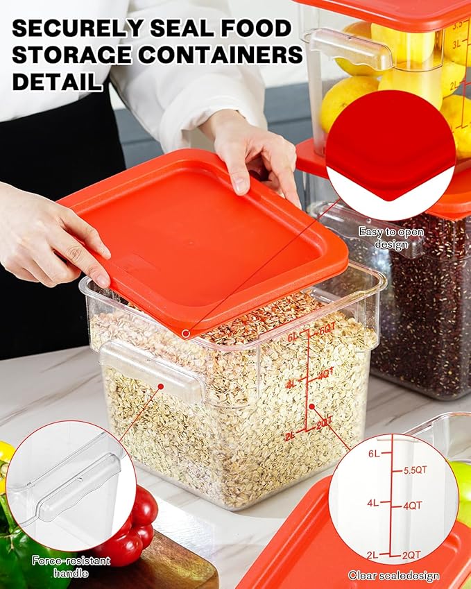 4QT NSF Food Storage Containers: 8 PCS [Food Grade][Hot&Cold Resistant] Commercial Clear Food Storage Containers with Lids for Restaurant Kitchen Proof Dough, Measuring Spoons Included(Red)
