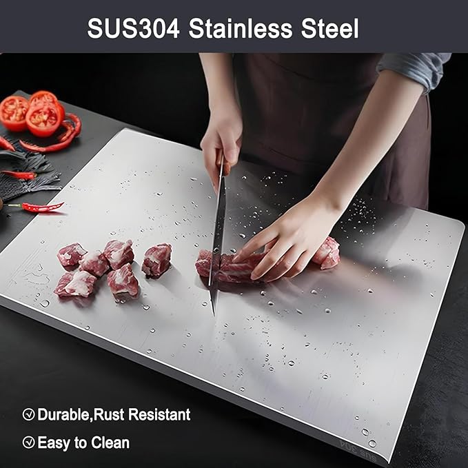 304 Stainless Steel Cutting Board – Stainless Steel Kitchen Chopping Boards Non-Slip, Dishwasher Safe – Ideal for Meat, Vegetables, Fruits, Bread & Baking – Commercial & Home Use (19.6 * 15.7in)