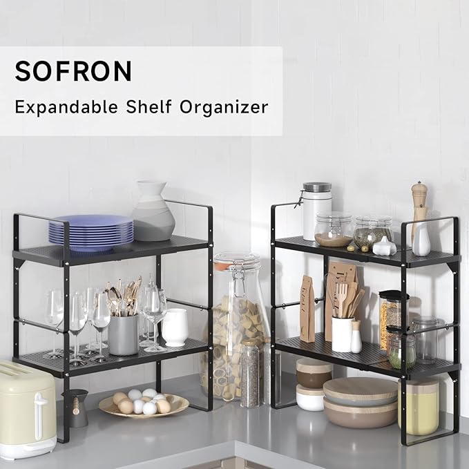 Expandable Cabinet Storage Shelf Stackable Organizer Rack for Kitchen Bathroom Pantry Spice Cupboard Coffee Countertop Home Office Desk Heavy Duty Nonslip Black Large 1 PACK