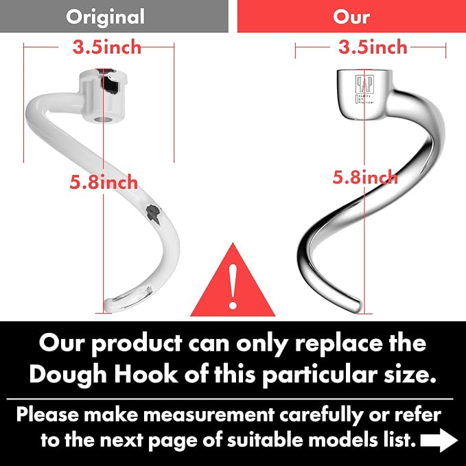 Stainless Steel Spiral Dough Hook Replacement for KitchenAid 4.5QT & 5QT Bowl Tilt-Head Stand Mixers, Rustproof & Easy Clean, Efficient Kneading for Bread, Pizza, Pasta, Cookies