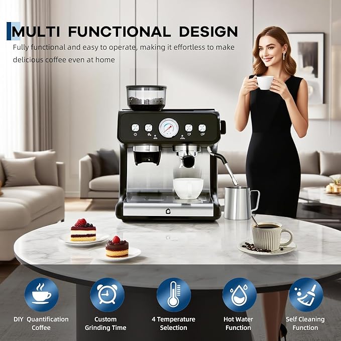 Garvee 20 Bar Pressure Stainless Steel Espresso Machine with Grinder, 2.8L Removable Water Tank, Milk Frother Steam Wand for Latte/Cappuccino - Adjustable Shot Volume, Professional Home/Office Use