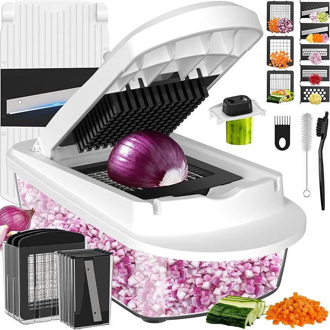 8 Blade All-in-1 Vegetable Chopper Mandoline Slicer with Container, Food Chopper, Onion Chopper, Veggie Cutter for Salad, Kitchen Gadgets Accessories Essentials, White