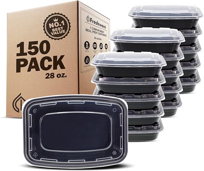 Freshware Meal Prep Containers [150 Pack] 1 Compartment Food Storage Containers with Lids, Bento Box, BPA Free, Stackable, Microwave/Dishwasher/Freezer Safe (28 oz)