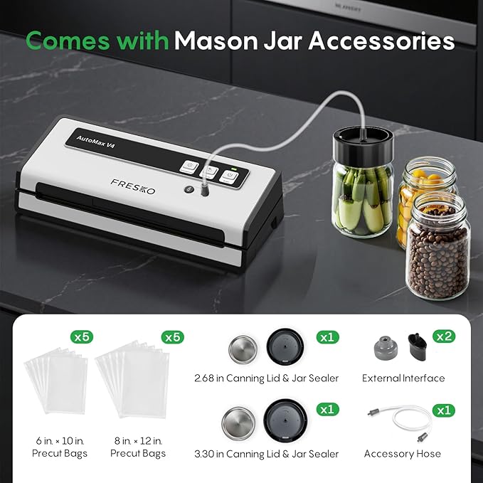 FRESKO Vacuum Sealer Machine with Automatic Bag Detection, Mason Jar Vacuum Accessory Set, Double Heat Seal, Easy to Use, Starter Kits