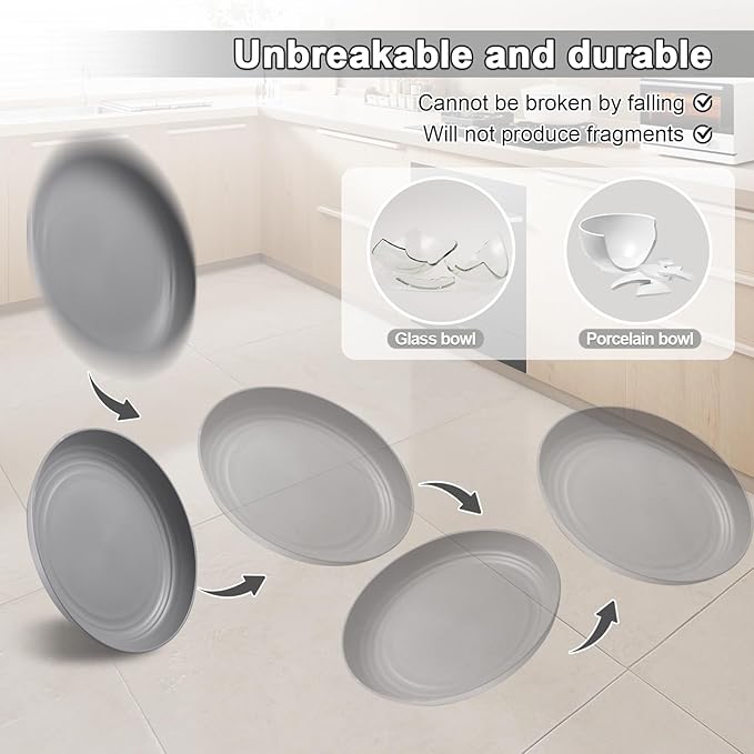 12 Pcs Unbreakable Deep Dinner Plates Set, 10 inch Reusable Plastic Wheat Straw Plates, Microwave and Dishwasher Safe Plate for Kitchen, Lightweight Plate for Dessert, BPA Free, Gray